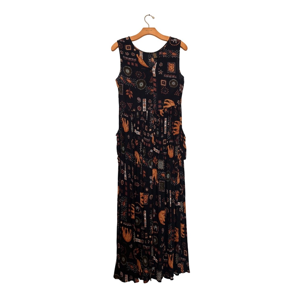 Bila Vintage 90s‎ Black Elephant Print Button Front Maxi Dress Pockets  SZ S